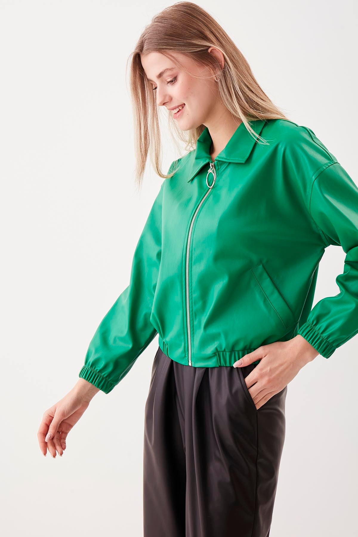 ZIPPERED BOMBER FAUX LEATHER JACKET
