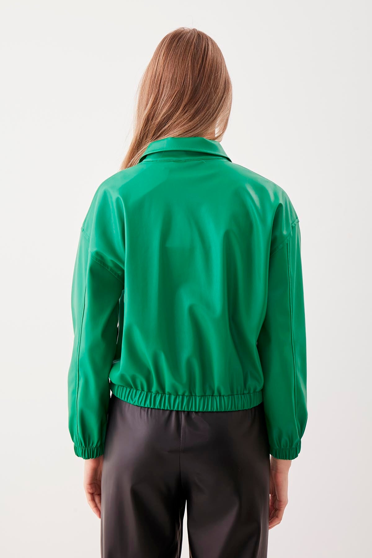ZIPPERED BOMBER FAUX LEATHER JACKET