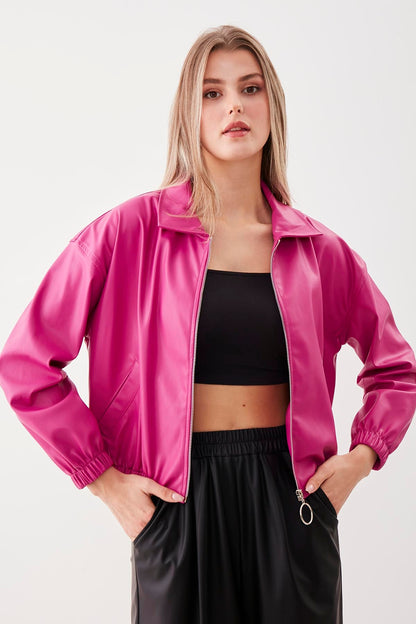 ZIPPERED BOMBER FAUX LEATHER JACKET