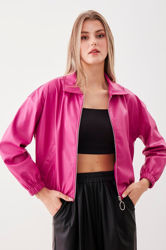 ZIPPERED BOMBER FAUX LEATHER JACKET