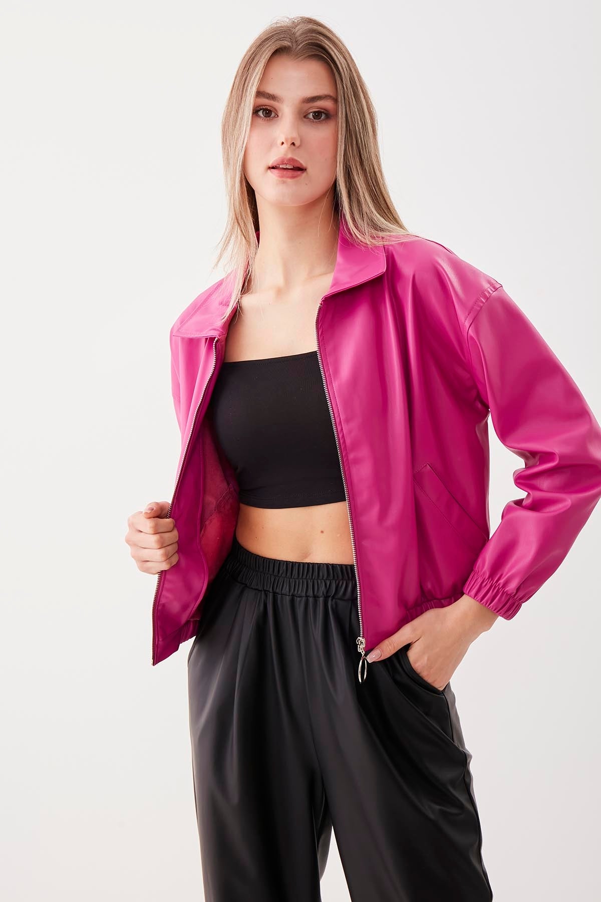 ZIPPERED BOMBER FAUX LEATHER JACKET