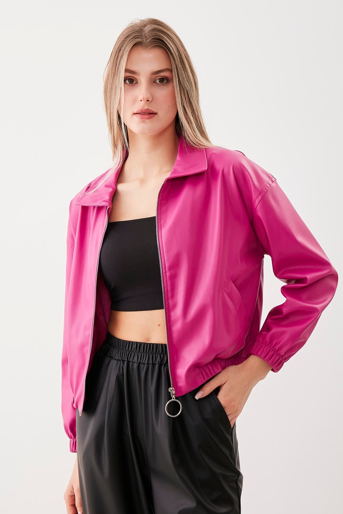 ZIPPERED BOMBER FAUX LEATHER JACKET