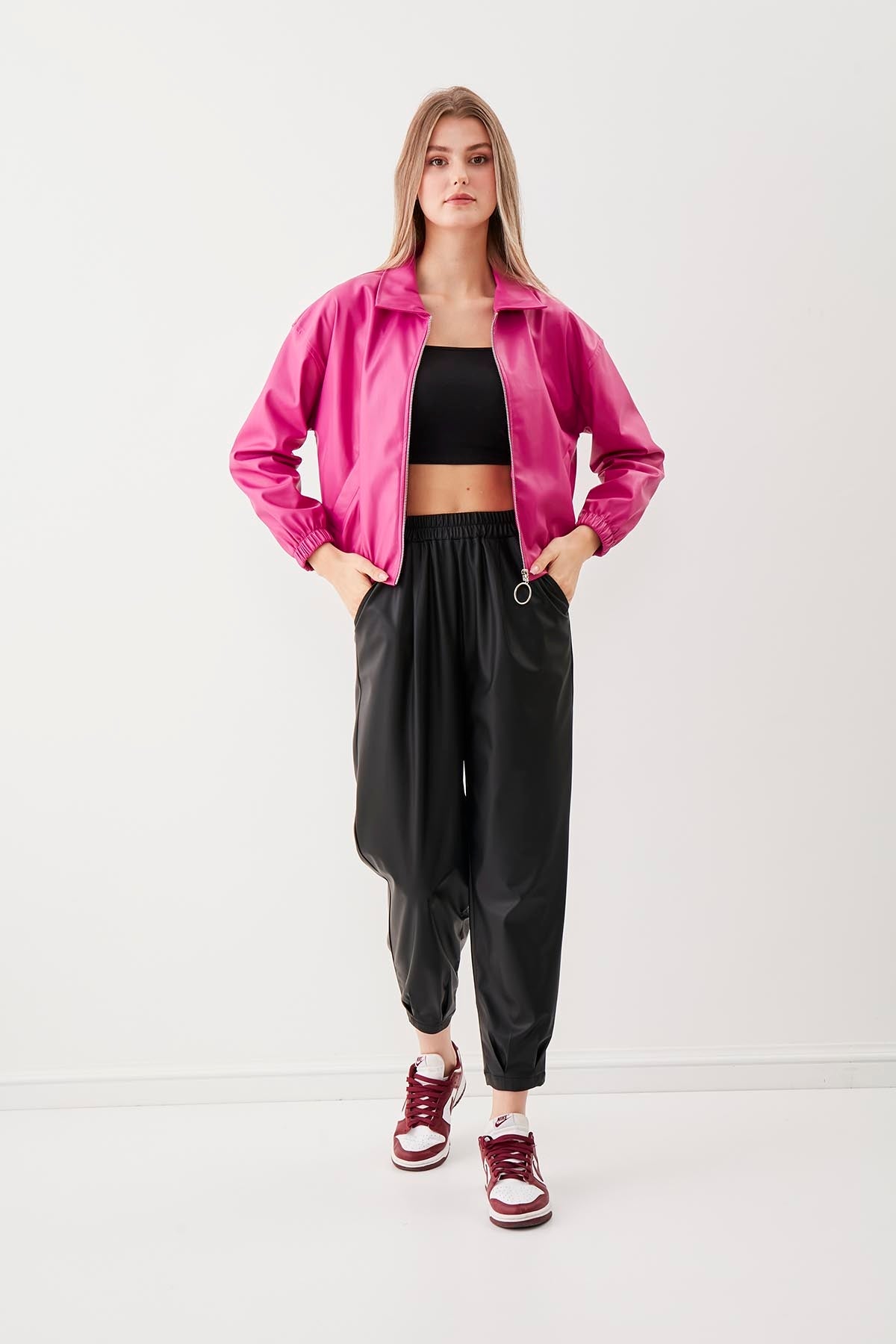 ZIPPERED BOMBER FAUX LEATHER JACKET