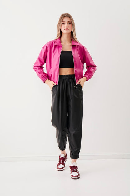 ZIPPERED BOMBER FAUX LEATHER JACKET