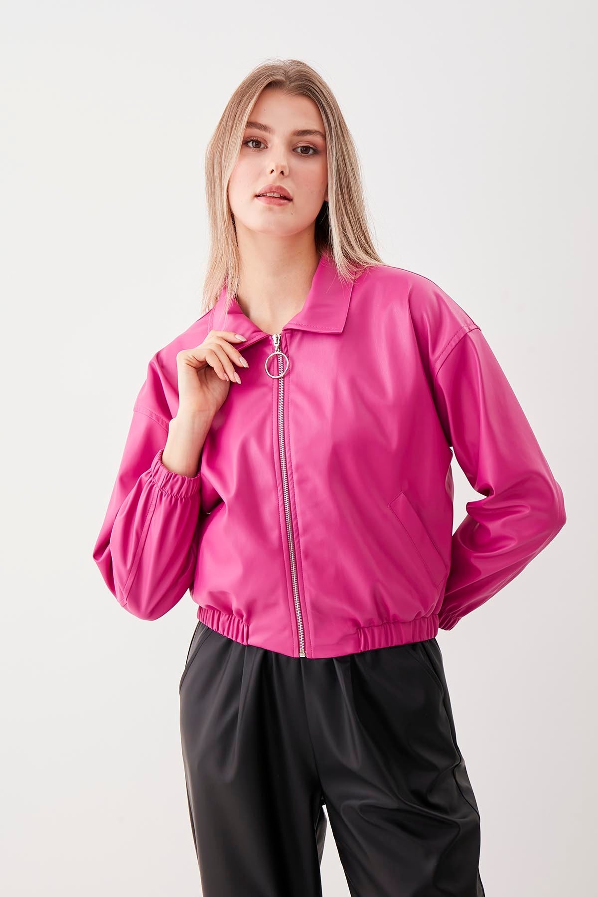 ZIPPERED BOMBER FAUX LEATHER JACKET