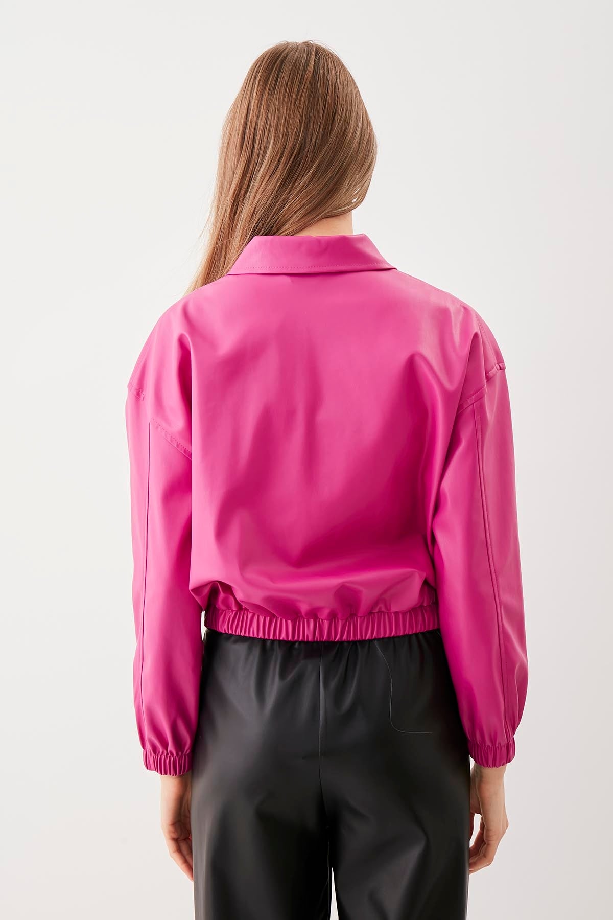 ZIPPERED BOMBER FAUX LEATHER JACKET