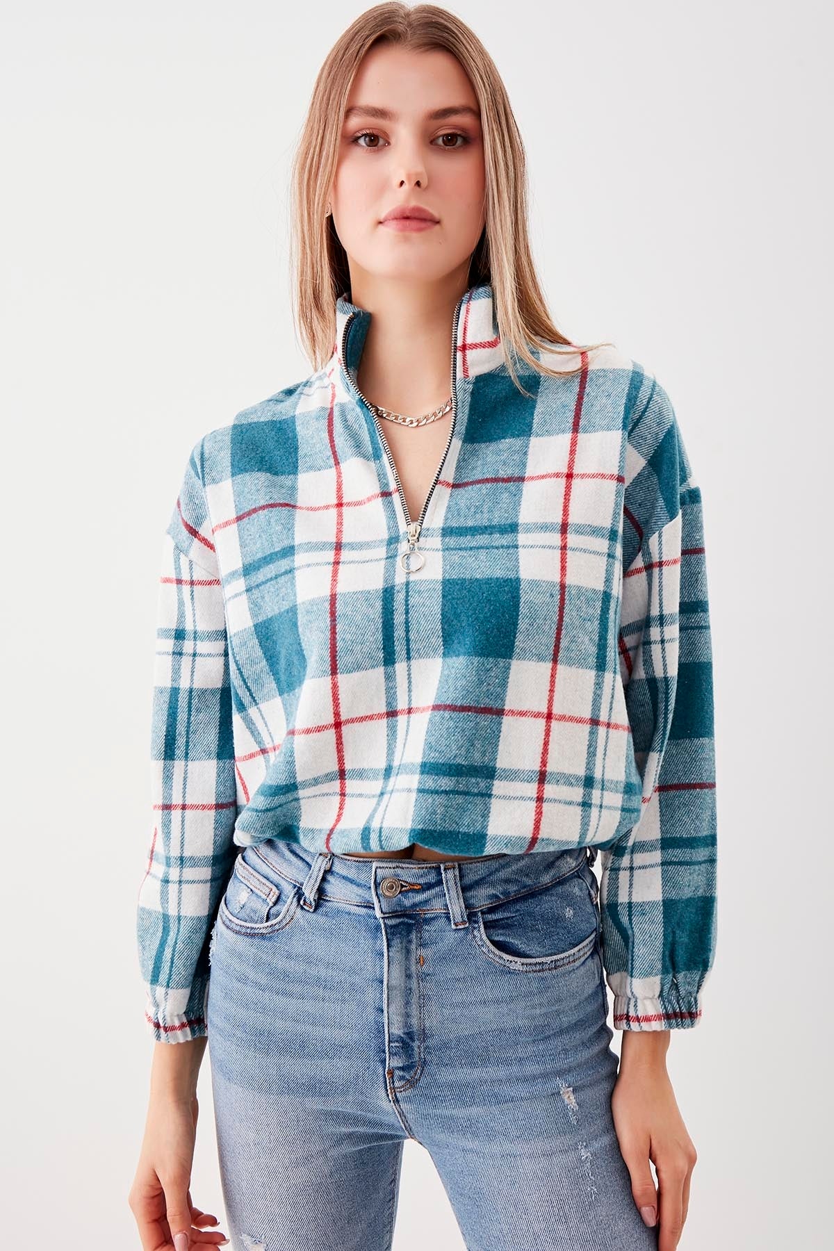 STEEP COLLAR PLAID DESEN SWEAT WITH ZIPPER