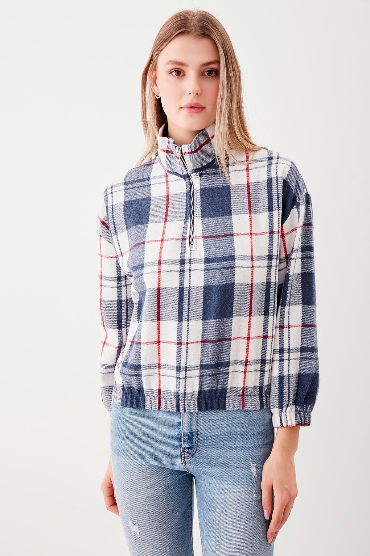 STEEP COLLAR PLAID DESEN SWEAT WITH ZIPPER