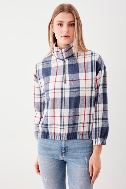 STEEP COLLAR PLAID DESEN SWEAT WITH ZIPPER