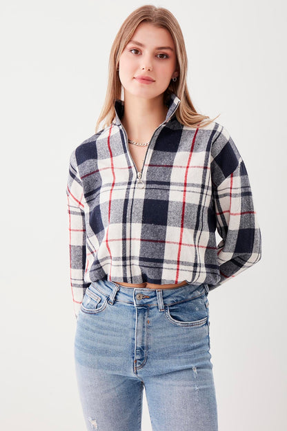 STEEP COLLAR PLAID DESEN SWEAT WITH ZIPPER