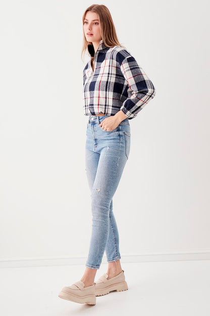 STEEP COLLAR PLAID DESEN SWEAT WITH ZIPPER