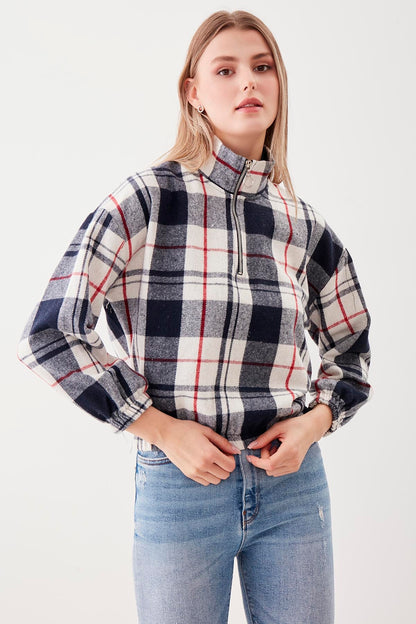 STEEP COLLAR PLAID DESEN SWEAT WITH ZIPPER