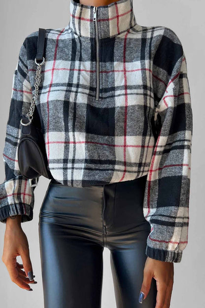 STEEP COLLAR PLAID DESEN SWEAT WITH ZIPPER