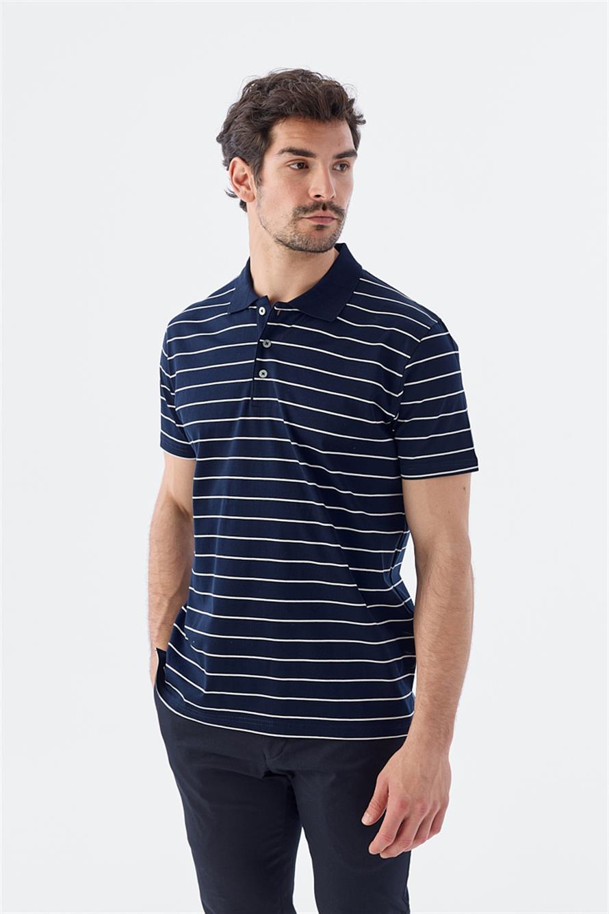 Navy Slim Fit 100% Cotton Polo Collar With Stripes