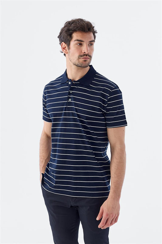 Navy Slim Fit 100% Cotton Polo Collar With Stripes