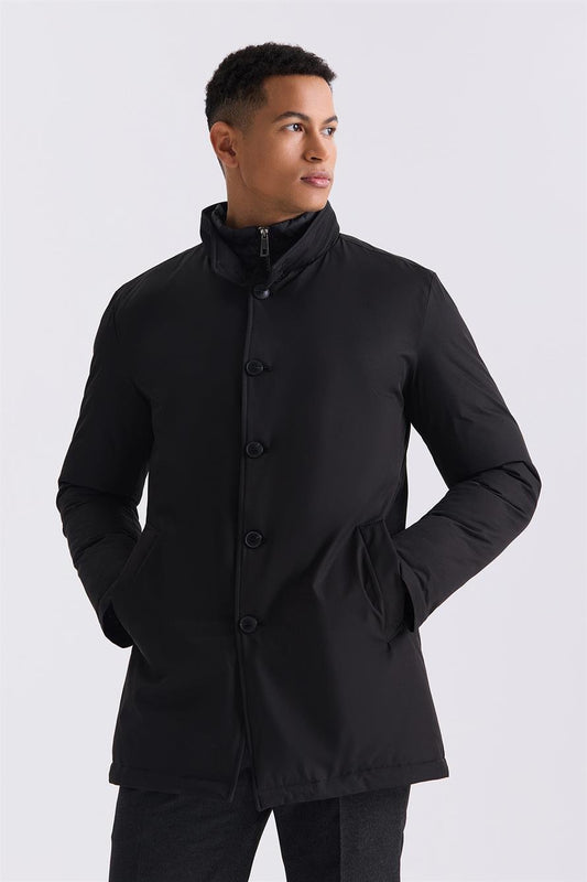 Black Regular Fit Shirt Collar Jacket With Buttons