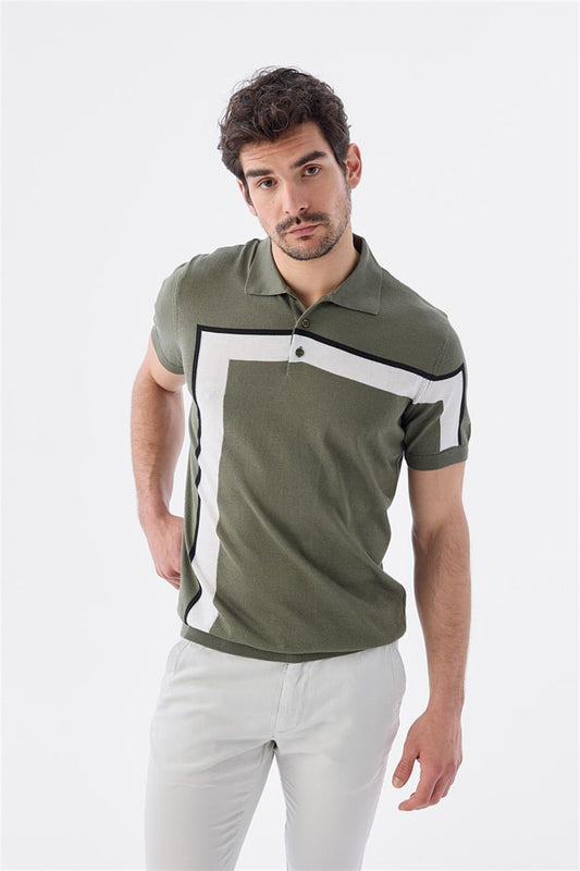 Khaki Slim Fit T Shirt With Detailed Polo Collar