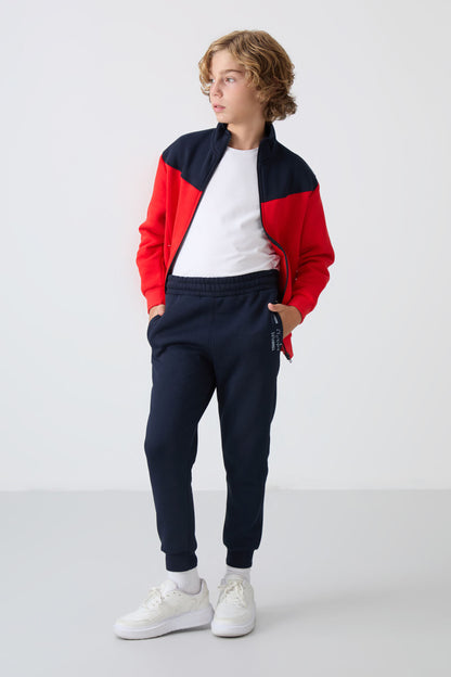 Fiesta-Navy Blue Cotton Thick Inner Fleece Soft Textured Standard Fit Embroidered Boys' Tracksuit Set - 11240