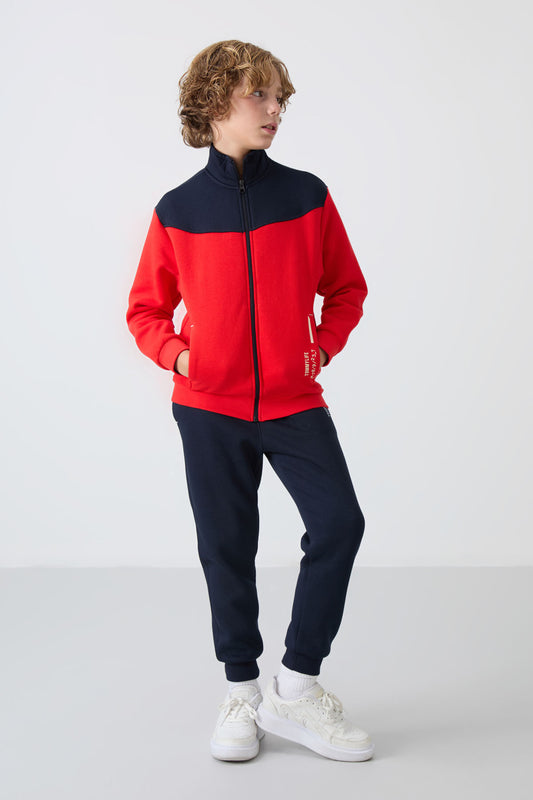 Fiesta-Navy Blue Cotton Thick Inner Fleece Soft Textured Standard Fit Embroidered Boys' Tracksuit Set - 11240