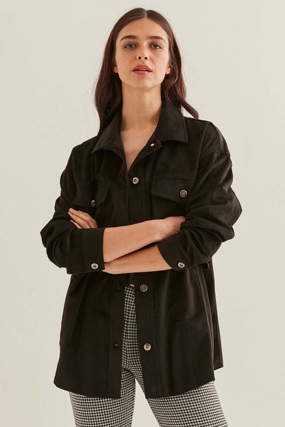 STRIPPED VELVET FABRIC LUMBERJACK SHIRT