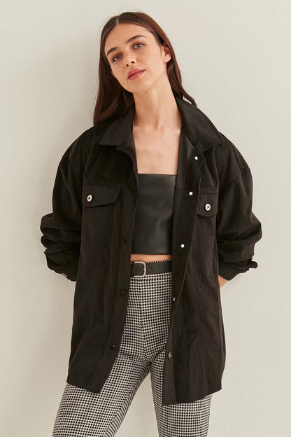 STRIPPED VELVET FABRIC LUMBERJACK SHIRT
