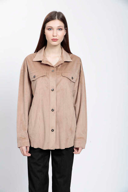 STRIPPED VELVET FABRIC LUMBERJACK SHIRT