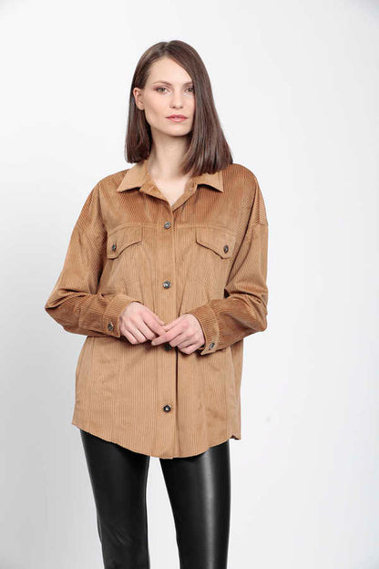 STRIPPED VELVET FABRIC LUMBERJACK SHIRT