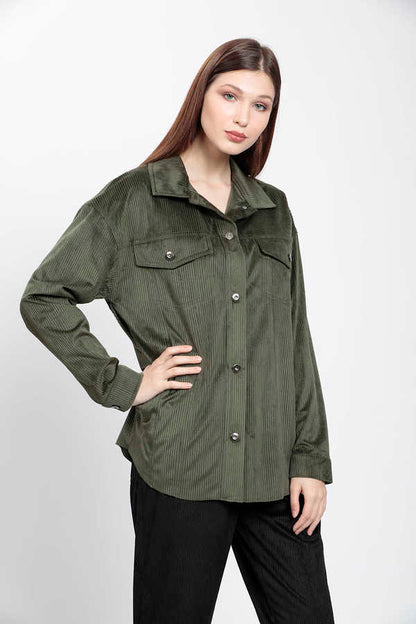 STRIPPED VELVET FABRIC LUMBERJACK SHIRT