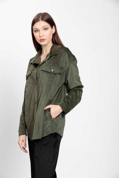 STRIPPED VELVET FABRIC LUMBERJACK SHIRT