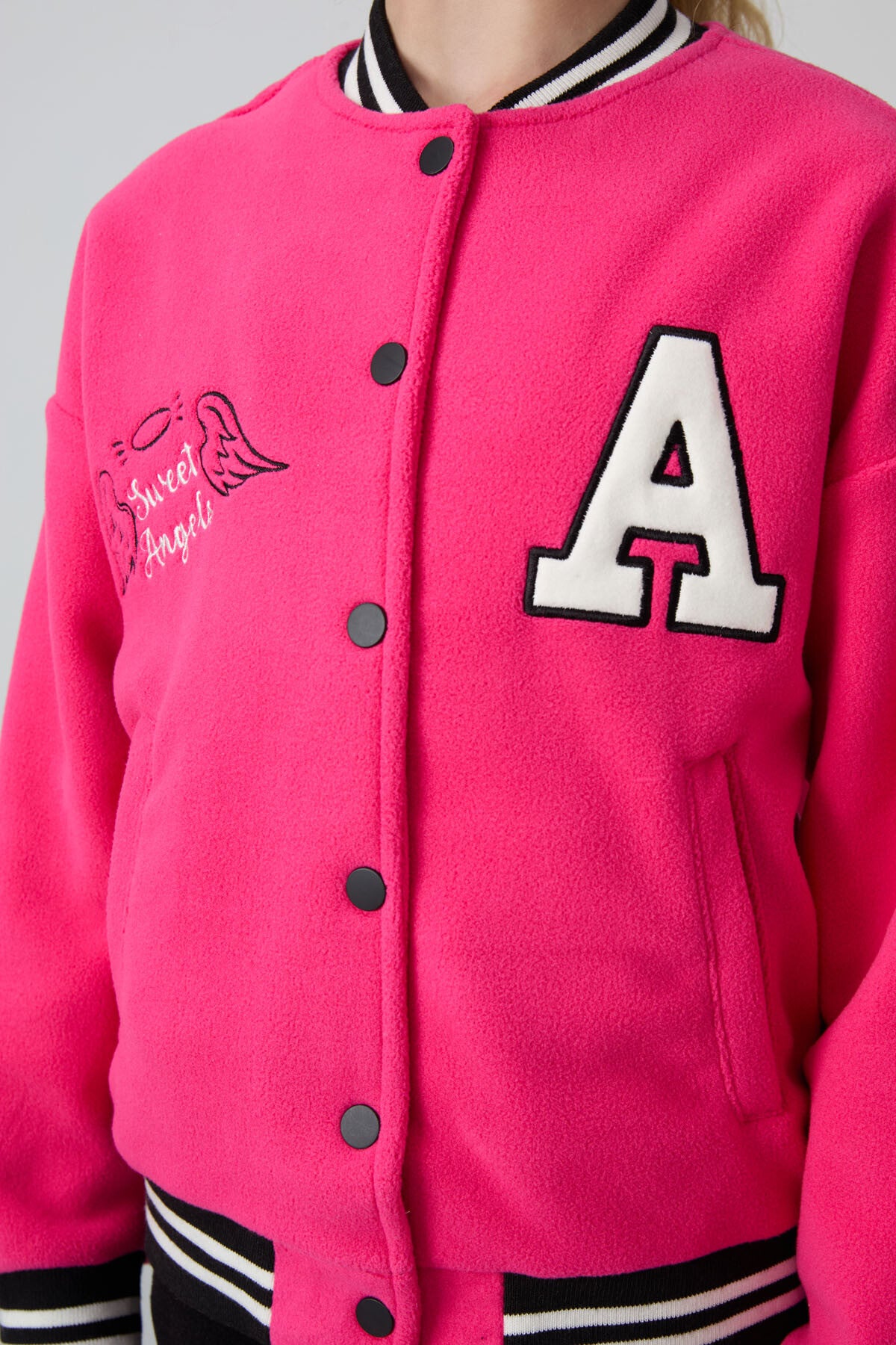 Fuchsia Thick Soft Textured Standard Fit Embroidered Fleece Girls' College Jacket - 75156