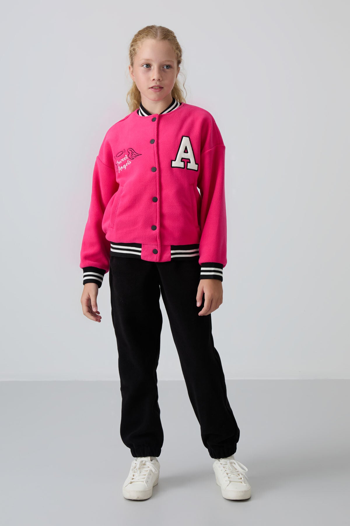Fuchsia Thick Soft Textured Standard Fit Embroidered Fleece Girls' College Jacket - 75156