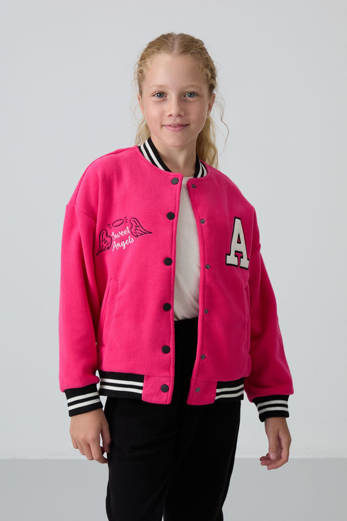 Fuchsia Thick Soft Textured Standard Fit Embroidered Fleece Girls' College Jacket - 75156