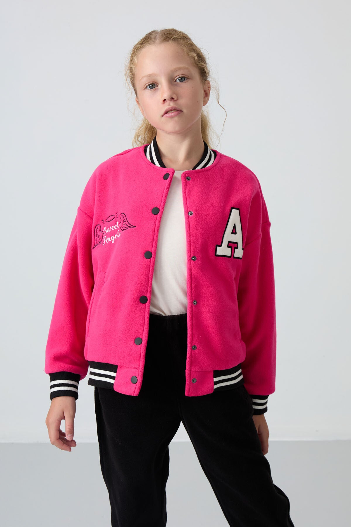 Fuchsia Thick Soft Textured Standard Fit Embroidered Fleece Girls' College Jacket - 75156