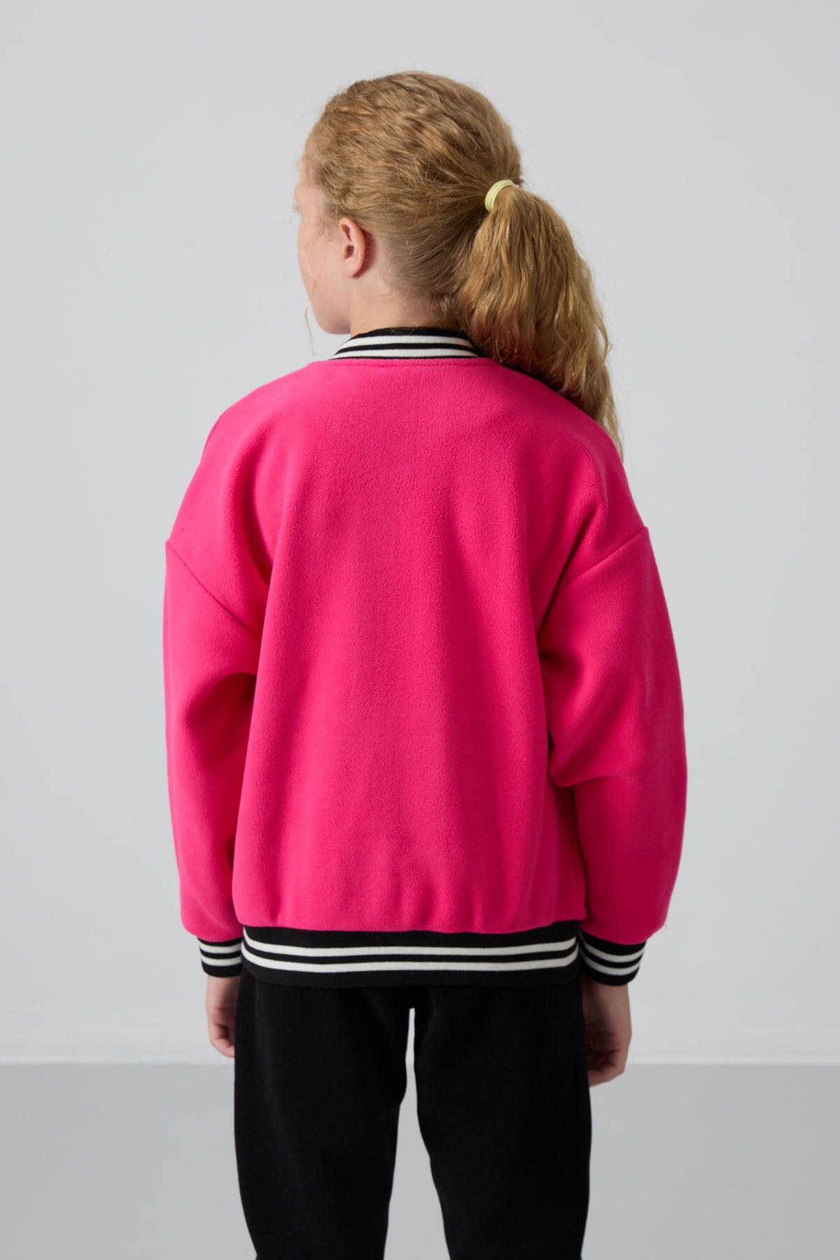 Fuchsia Thick Soft Textured Standard Fit Embroidered Fleece Girls' College Jacket - 75156