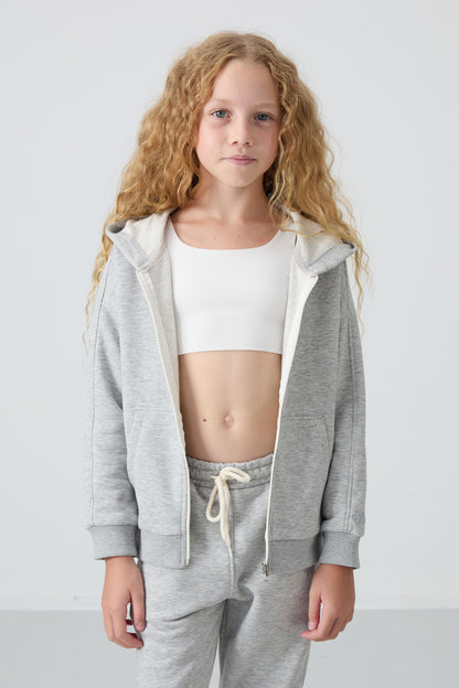 Grey Melange Cotton Lined Fleece Soft Textured Standard Fit Embroidered Girl's Tracksuit Set - 75148