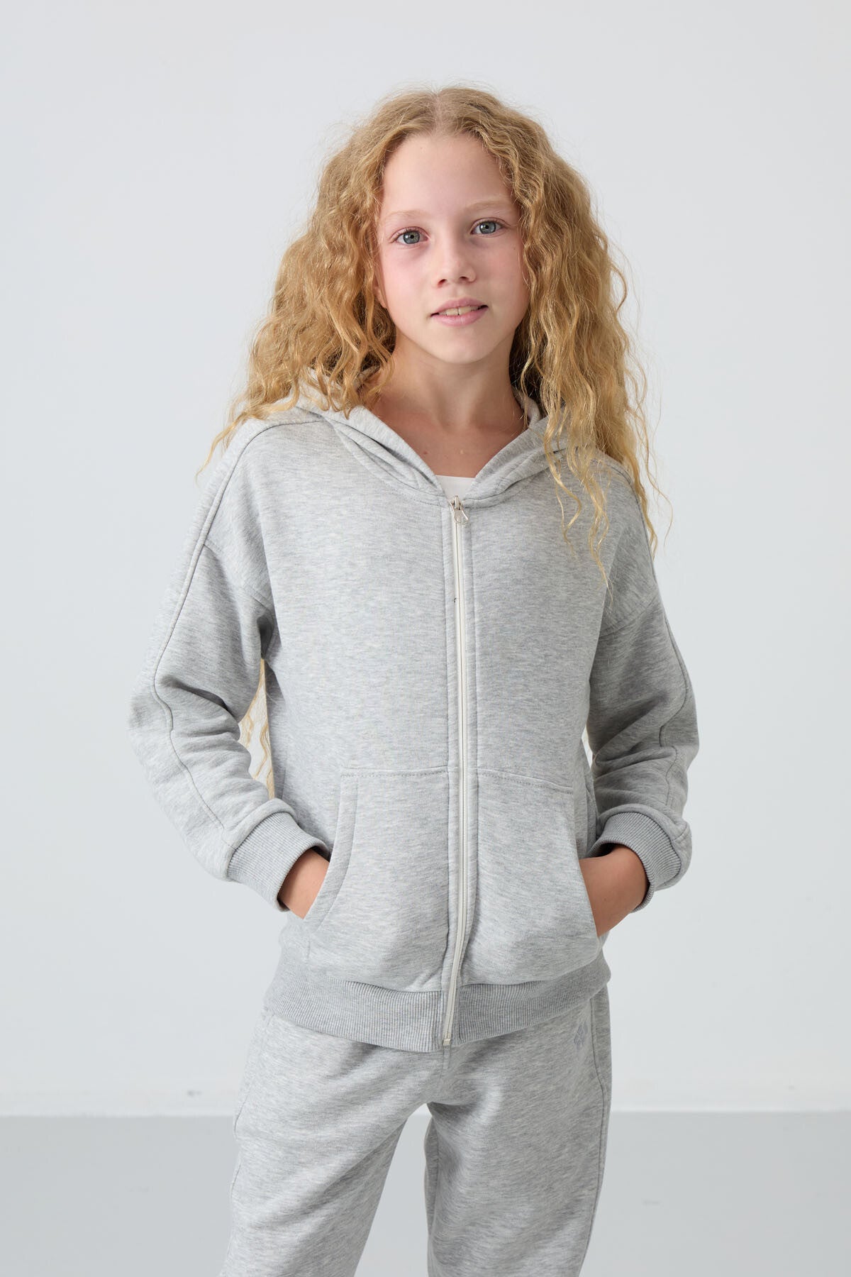 Grey Melange Cotton Lined Fleece Soft Textured Standard Fit Embroidered Girl's Tracksuit Set - 75148