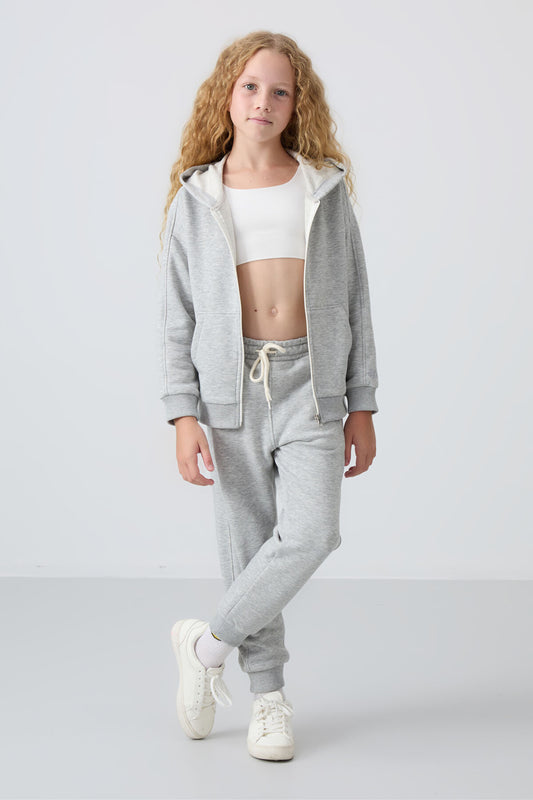 Grey Melange Cotton Lined Fleece Soft Textured Standard Fit Embroidered Girl's Tracksuit Set - 75148