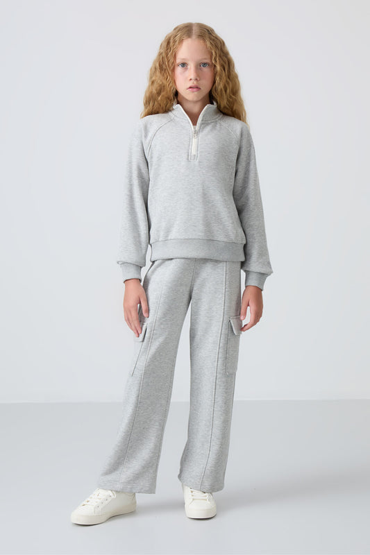 Grey Melange Cotton Fleece-Lined Soft Textured Standard Fit Embroidered Girls' Tracksuit Set - 75159