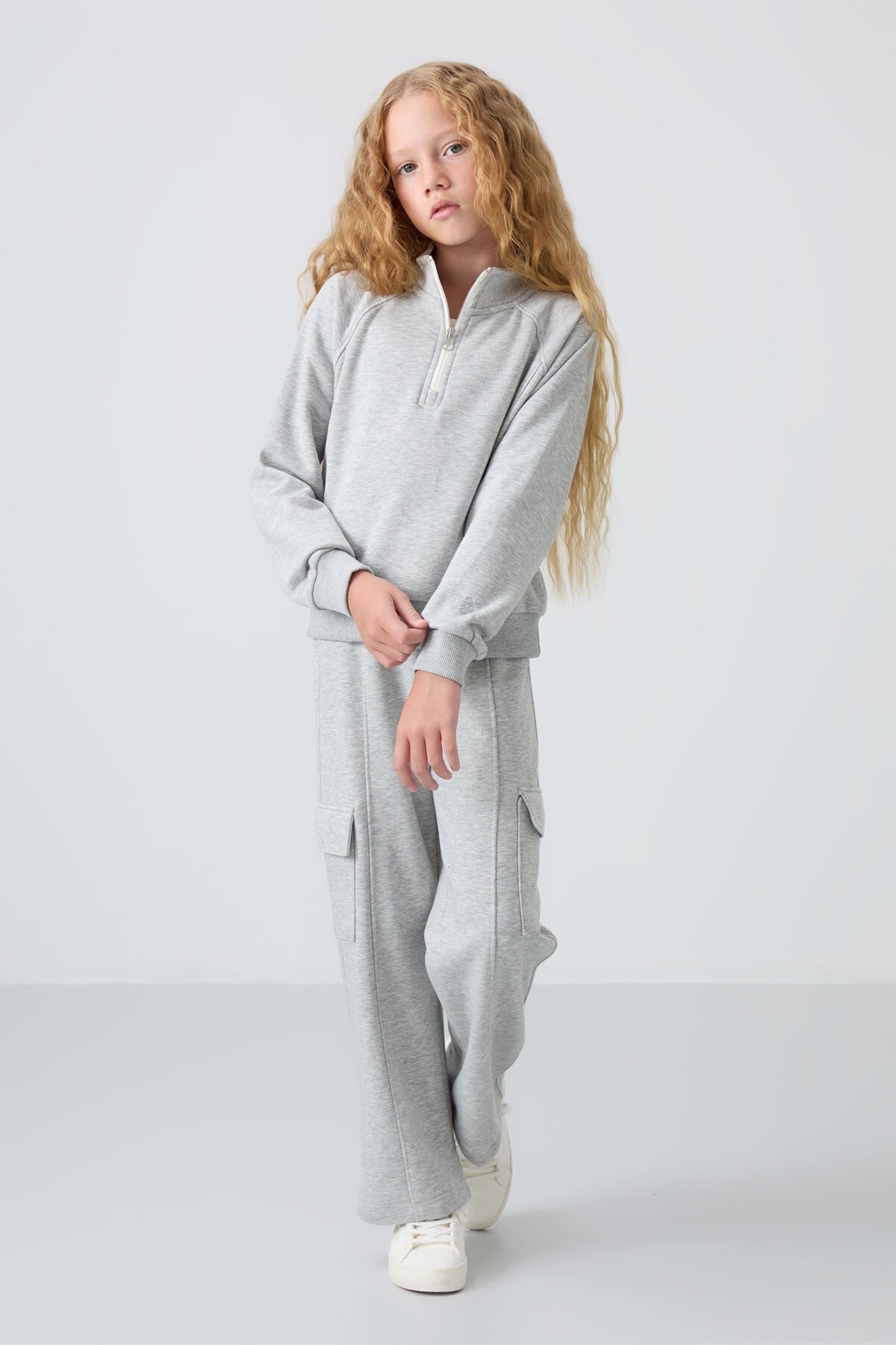 Grey Melange Cotton Fleece-Lined Soft Textured Standard Fit Embroidered Girls' Tracksuit Set - 75159