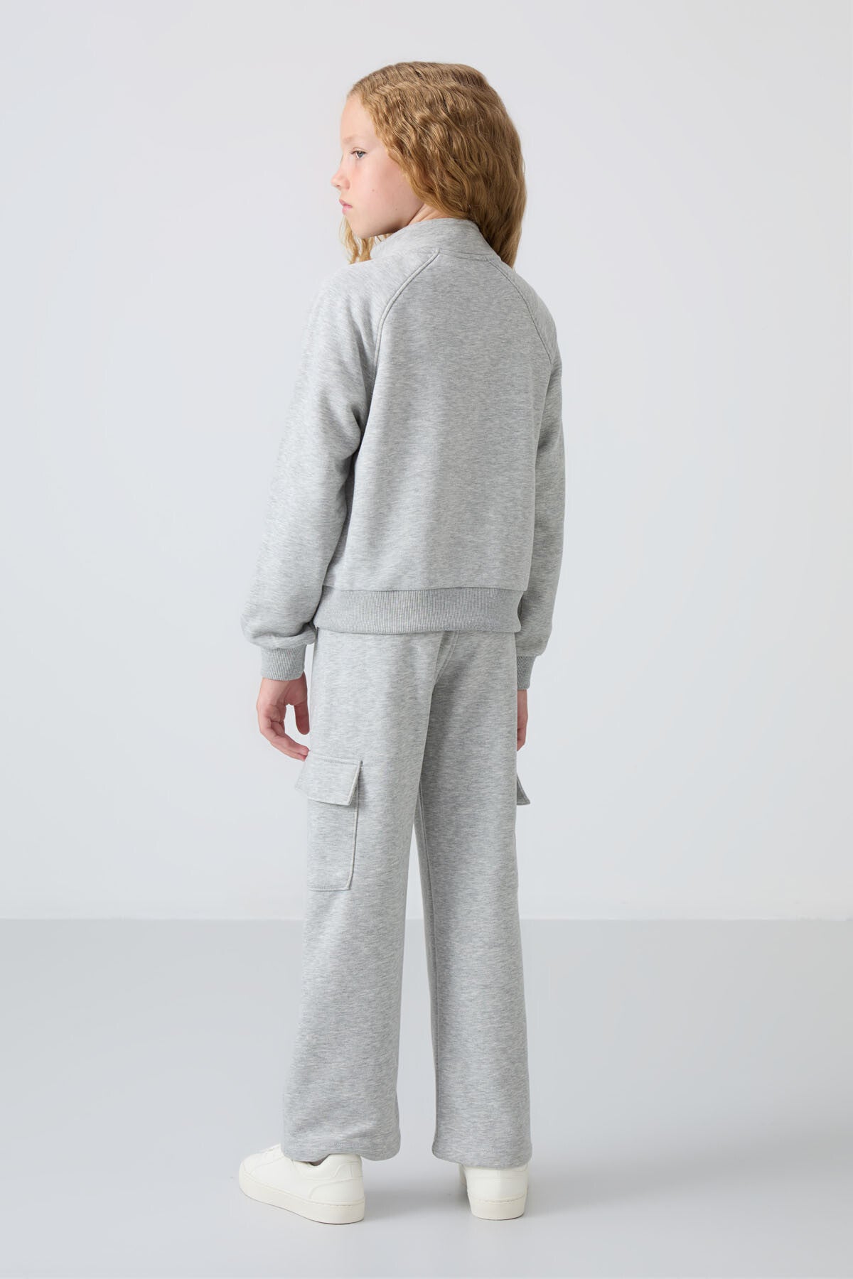 Grey Melange Cotton Fleece-Lined Soft Textured Standard Fit Embroidered Girls' Tracksuit Set - 75159