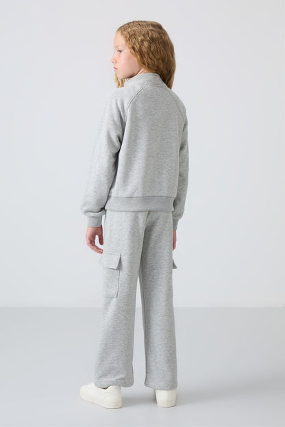 Grey Melange Cotton Fleece-Lined Soft Textured Standard Fit Embroidered Girls' Tracksuit Set - 75159
