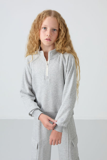 Grey Melange Cotton Fleece-Lined Soft Textured Standard Fit Embroidered Girls' Tracksuit Set - 75159