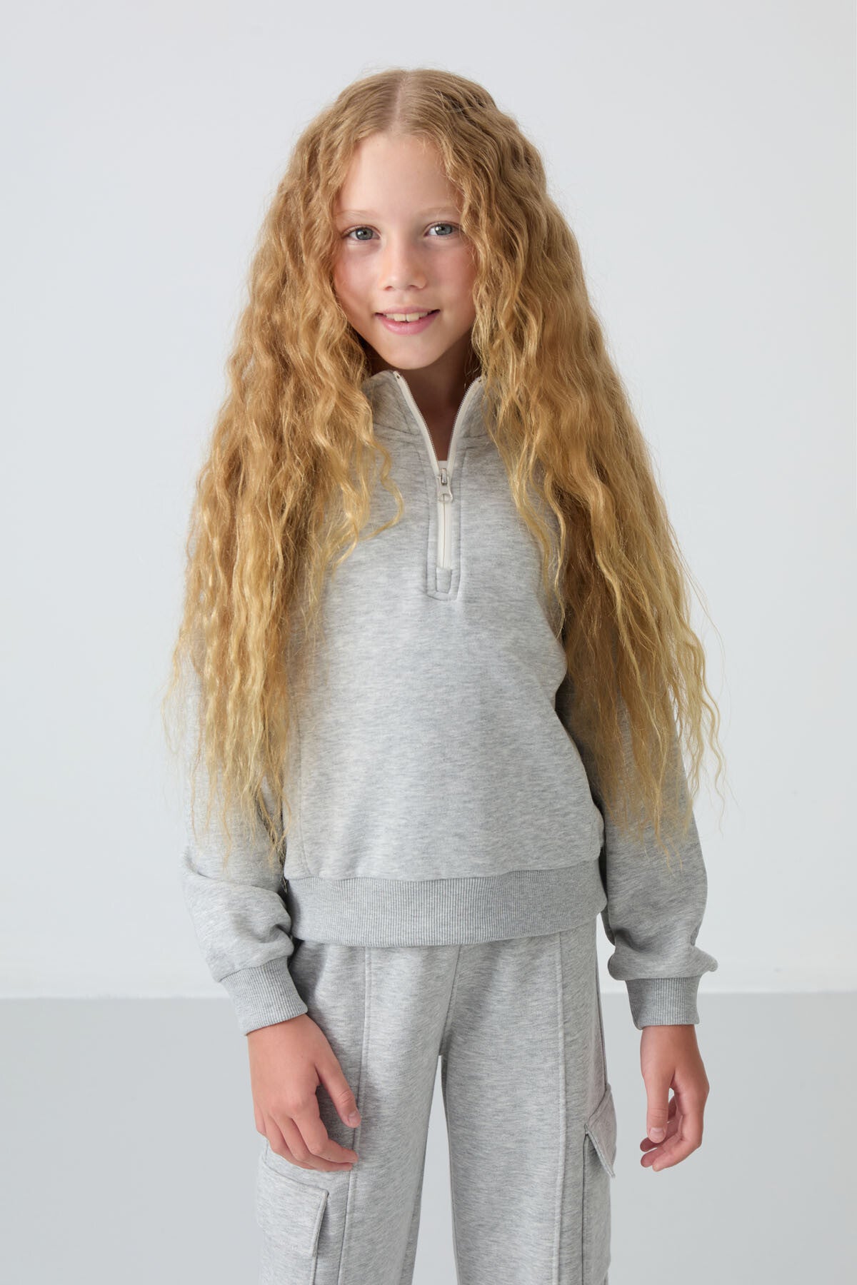 Grey Melange Cotton Fleece-Lined Soft Textured Standard Fit Embroidered Girls' Tracksuit Set - 75159