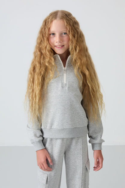 Grey Melange Cotton Fleece-Lined Soft Textured Standard Fit Embroidered Girls' Tracksuit Set - 75159