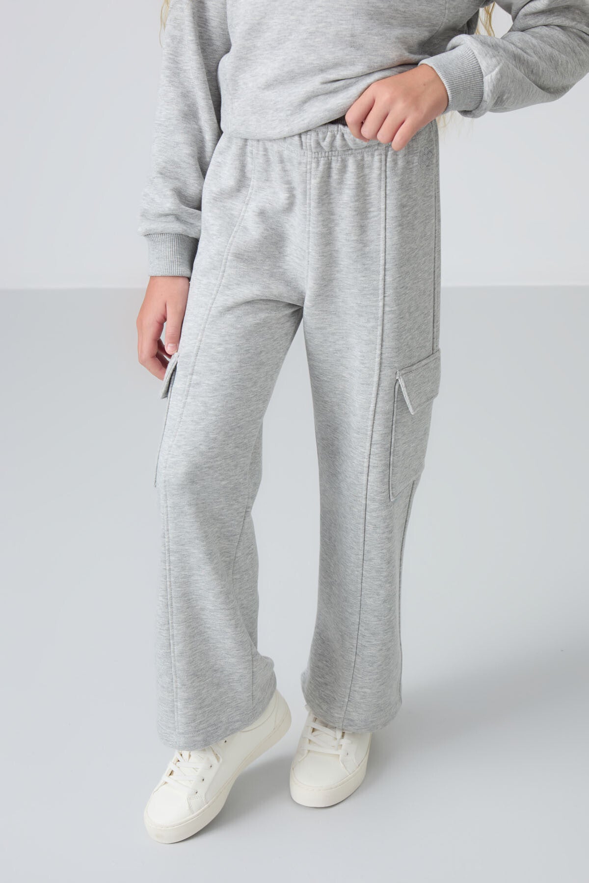 Grey Melange Cotton Fleece-Lined Soft Textured Standard Fit Embroidered Girls' Tracksuit Set - 75159