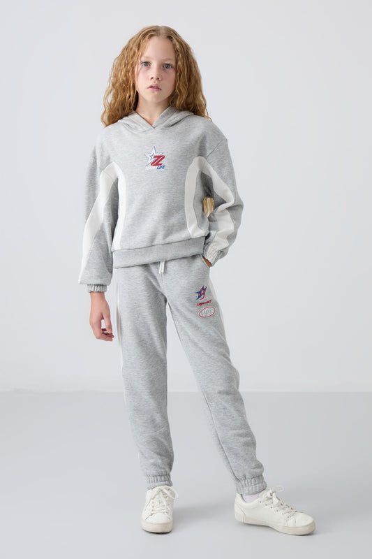 Grey Melange Cotton Fleece-Lined Soft Textured Standard Fit Printed Girls' Tracksuit Set - 75166
