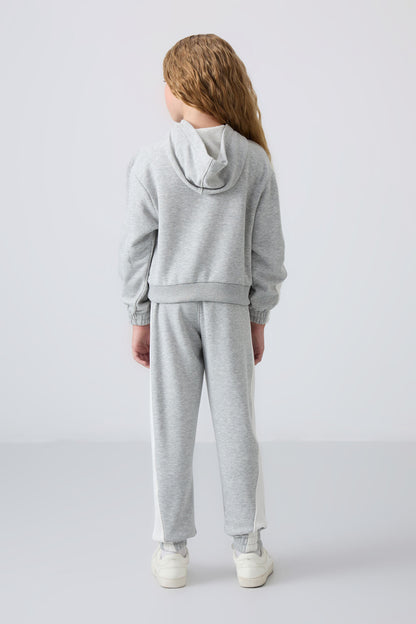 Grey Melange Cotton Fleece-Lined Soft Textured Standard Fit Printed Girls' Tracksuit Set - 75166