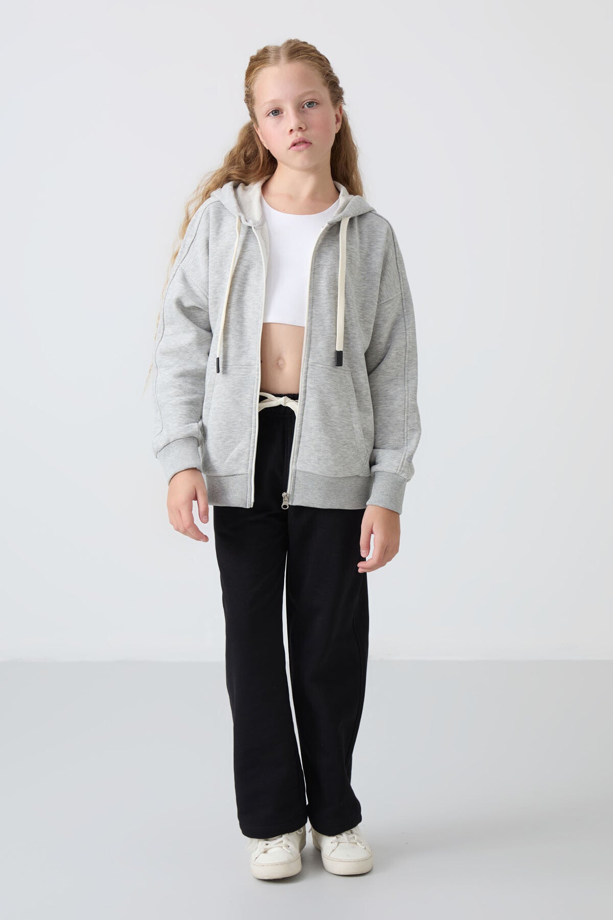 Grey Melange Cotton Fleece-Lined Soft Textured Standard Fit Embroidered Girls' Sweatshirt - 75149