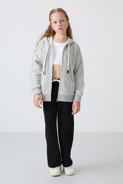 Grey Melange Cotton Fleece-Lined Soft Textured Standard Fit Embroidered Girls' Sweatshirt - 75149