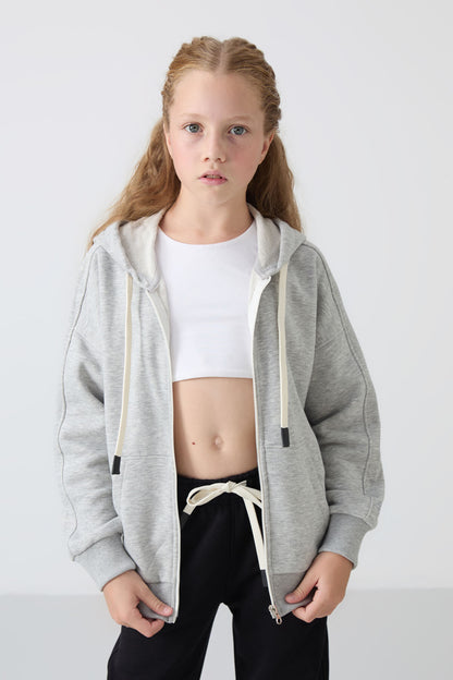 Grey Melange Cotton Fleece-Lined Soft Textured Standard Fit Embroidered Girls' Sweatshirt - 75149
